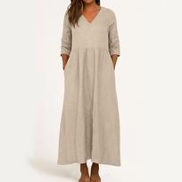 Suknelė moterims ilga boho paplūdimio suknelė elegantiška maxi suknelė V formos iškirpte 3/4 rankovių suknelė su kišenėmis L smėlis