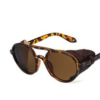 Classic Brand Design Fashion Round Steampunk Sunglasses Men Women Vintage Punk Leather Wrap Sun Glasses For Male Retro Goggle