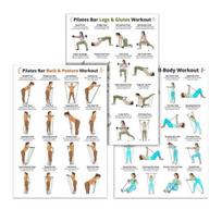 3Pcs Pilates Bar Full Body Workout Poster Set Leg Hip Arm Back Posture Exercise Chart for Home Gym Laminated Fitness Guide for Beginners & Advanced Sets