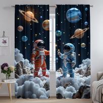 Space Adventure Curtains Astronaut Planets Design Easy Hang Polyester Ideal Curtain Set Of 2 Made With Pole Pocket Washable W100*H70(CM)-Hooks&2PCS