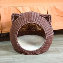 Natural Cattail Kennel for Cats Handmade Weaving Semi-Enclosed Pet House Cool and Breathable Cat Cage Pet Nest L 38x38x38cm