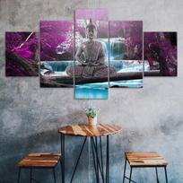 Buddha Waterfall Purple Tree Scene Canvas 5 Piece Five Panel Wall Print Modern Art Poster Picture Home Decor Gift For Him For Her 20X35 20X45 20X55CM