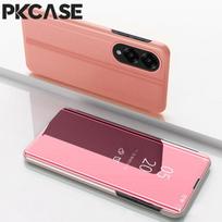 PKCASE išmanusis veidrodinis atverčiamas dėklas telefonui Samsung S26 S25 Edge S24 S23 Ultra FE Plus, atsparus smūgiams galinis dangtelis telefonui Galaxy A17 A07 Galaxy S25 Edge rožinio aukso spalvos