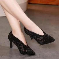 Fashion High Heels Women Shoes Summer Women Mesh Breathable Platform Pointed Toe Sexy Ladies Shoes Rhinestone Hollowed Out Lace Sandals 35 juoda
