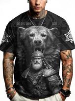 Men's Viking Warrior & Bear Print T-Shirt, Norse Mythology 3D Black Short Sleeve Casual Tee XXS juoda