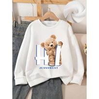 Kids Crewneck Long Sleeve Pullover Sweatshirt, Teddy Bear Holding Hi Sign Graphic Print 110 balta