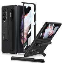 For Samsung Galaxy Z Fold 3 5g Case Removable S Pen Slot Holder Magnetic Kickstand Plain Leather Back Cover With Screen Glass Only Case juoda