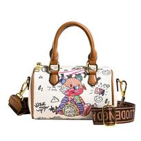 Small Cute Bear Doodle Boston Messenger Bag With Adjustable Strap Fashion White Handbag Ladies Casual Shoulder Bags Dating Purse smėlis