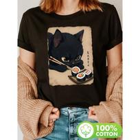 Women Cat Eating Sushi Print T-Shirt Crew Neck Short Sleeve Spring Summer Casual Top S juoda