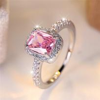 Luxury Female Girl Big Crystal Pink Square Zircon Stone Ring Silver Color Wedding Jewelry for Women 5 rožinė