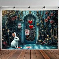 2D White Rabbit Wonderland Backdrop Playing Cards & Roses Kids Party Background 47.2x31.5inch/120*80cm