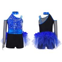 Girls Jazz Dance Jumpsuit Sparkly Sequins Bodice with Feather Tulle Skirt Ruched Waist Asymmetrical Color Block Leotard 5-6 Years karališkos mėlynos spalvos