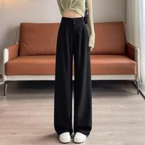 2025 Autumn/Winter Women's High-Waist Herringbone Woolen Pants - Slimming and Versatile with Plus Velvet, Available in Narrow and Wide Leg Fits. Black Double Button Pants Regular (Spring/Summer)