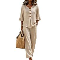 Loose Fit Wide Leg Trousers Summer 2 Piece Sets for Women, Casual Ruffle 3/4 Sleeve Buttons V Pants Women Neck Top And Matching Set, Vacation XXXL chaki