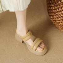 Krazing Pot Sheepskin Mules Peep Toe Thick Med Heels Summer Shoes European Design Platform Waterproof Women Sandals 34 abrikosas