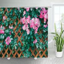 Spring Rural Landscape Shower Curtains Set Pink Flowers Tree Forest Natural Floral Green Plant Scenery With Hooks Bathroom Decor W90xH180cm(35x70 in)