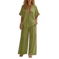 Wide-leg Pants for Women Color Block 2 Piece Sets Women, Short Sleeve V Neck Lightweight Summer Trousers Top And Wide Leg Matching Sets, Vacation S žalia