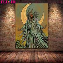 Mėnulio demonas ir siaubo burtininkas Senovinis sienų menas Drobės paveikslas Skeletas Velnias Gotikos tamsaus meno plakatas ir spaudinio dekoras (su rėmeliu) 15*20cm(with frame)