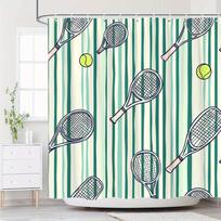 Tennis-Themed Shower Curtain - Vintage Rackets & Balls, Teal & Cream Stripes, Polyester, Washable, 12 Hooks W90XH180cm