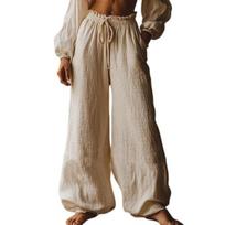 Women Pants High Waist Wide Leg Loose Fit Drawstring Elastic Waist Bohemian Style Long Trousers with Pockets Casual Summer Trousers M abrikosas