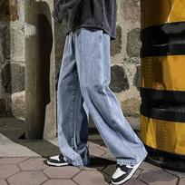 Spring Autumn Men's Baggy Jeans Elastic Waist Classic Olid Color Straight-leg Denim Wide-leg Pants Male Straight Leg Loose High Street Pants S mėlyna