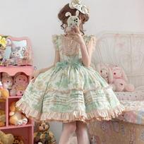 Japoniška Kawaii Lolita JSK suknelė Moteriška Viktorietiška Retro Ruffles Vynuogių raštas Susiuvimas Kaspinas Ilgas Priešakyje Princesės Suknelės Šventinė Mini Suknelė S žalia