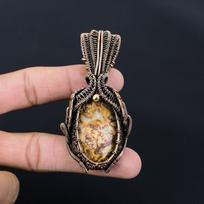 Crazy Lace Agate Gemstone Handmade Pure Copper Wire Wrapped Pendant Jewelry For Women 2.83 Inches geltona