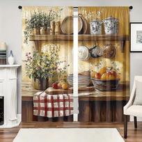 Set Of 2 Retro Kitchen Print Curtains Suitable Bedroom Living Room Decoration Home Window Curtain For Made Polyester W100*H70(CM)-Rod Pocket&1PCS