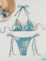 Moterų maudymosi kostiumas Seksualus raišteliais šonuose surišamas Aukšto juosmens Naujas Bikini Komplektas S mėlyna