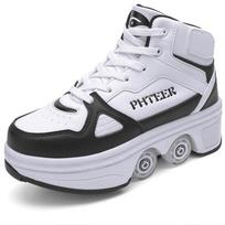 Children's Deformed Shoelaces 4-wheel Sports Shoes Roller Skating Children's Boots Girls' Roller Skating Boots Roller Shoes with Four Wheels 34 juoda/balta