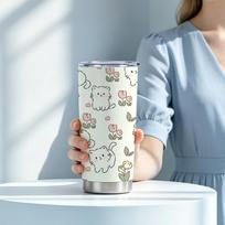 591ml Car Tumbler(1 Random Straw Included)Tulip Kitten MotifLarge Iced Cup Vacuum Insulated Cup Steel Straw Cup 591ml Car Tumbler