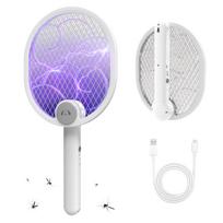 2-in-1 Electric Mosquito Swatter and Bug Zapper with Dual Switch - USB Rechargeable, Wall-Mountable & Foldable Design, Digital Display & USB-Powered balta