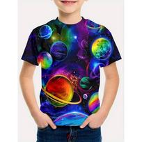 Planetų serijos marginti 3D skaitmeninės spaudos trumpomis rankovėmis vasariniai vaikiški apvalios apykaklės marškinėliai 100cm