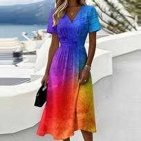 Ladies' Cross Dyed Casual Fashion Short Sleeved V-neck Dress L mėlyna