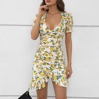Women Sexy Flora Painted Ruffle Slim Dress Chic Deep V-neck Double Layered Ruffled Hem Dresses Lady New Daily Party Gowns S geltona