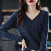 Autumn New Long Sleeve Casual Knitted Base Sweater Women Winter Solid Elegant V-neck Pullover Women Sweaters Slim Fit Fashion Office Lady Jumper 25033 One Size tamsiai mėlyna spalva