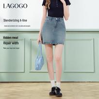 LAGOGO Distressed Cat Paw Denim Mini Skirt L