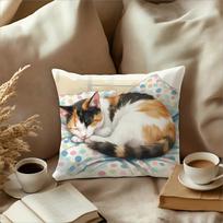 Cute Calico Cat Sleeping Pillow Cover Watercolor Print Cushion Case Cozy Kitten Cat Lover Gift Home Decor Peach skin 18*18(CM)-1Pcs