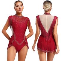 Womens Jazz Dance Leotard Skirted Sparkling Rhinestones Mock Neck Sleeveless Sheer Mesh Patchwork Tassel Bodysuit S bordinė