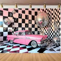 Vintage 50s Diner Style Backdrop Pink Classic Car Disco Ball Photography Background 47.2x31.5inch/120*80cm