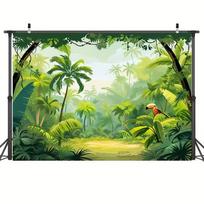 2D Cartoon Jungle Backdrop, Tropical Rainforest with Palm Trees & Toucan Party Photography Background 47.2x31.5inch/120*80cm