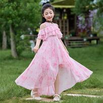 Girls Kids Summer Floral Trailing Hem Off Shoulder Chiffon Dress 120cm rožinė