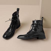 Krazing Pot Sheepskin Autumn Winter Shoes Low Heels Motorcycle Boots Round Toe Keep Warm Lace Up Ankle Boots 34 juoda
