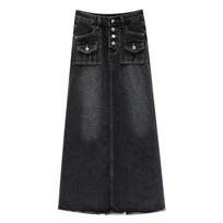 Sijonas su aukštu juosmeniu Cargo džinsinis sijonas moteriškas rudens A formos vidutinio ilgio sijonas Retro neapdoroto krašto mados Y2k moteriški drabužiai korėjietiško stiliaus 2XL pilka