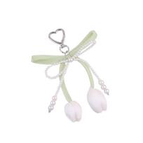 Handmade Tulip Pendant Car Keyring Heart Bag Charm Lovely Pearl Tulip Keychain  Bag Ornament balta
