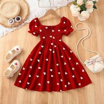 2026 New Love Print Puff Sleeve Girls Bow Dress Fashion Dress 100cm raudona