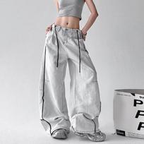 High Street Hip-Hop Wide Leg Pants Women'S Jeans Striped Color Blocked Casual High Waisted Loose Straight Leg Pants S pilka