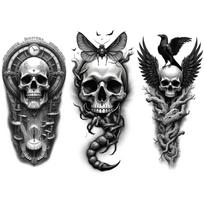 3 vnt. laikinos tatuiruotės Realistiškos laikinos tatuiruotės Skeletinė pelėda Kaukolė su gyvate Mechaninė kaukolė Šlaunims Rankoms Moterims