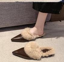 New Warm Winter Real Rabbit Fur Plush Women Slippers Fashion Pointed Flat Mules Shoes Lady Luxury Mujer Indoor Slides 35 tamsiai ruda spalva