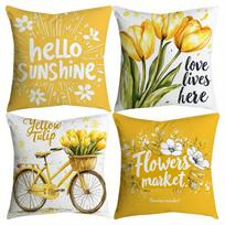 4 Pack Yellow Tulip Pillow Covers Double Sided Print Hello Sunshine Floral Bicycle Cushion Cases Home Decor For Sofa Bedroom Peach skin 18*18(CM)-4Pcs